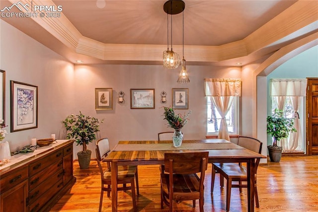 dining area with ornamental molding, a raised ceiling, and light hardwood / wood-style floors