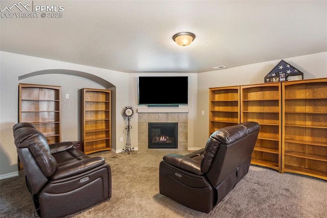 living room with a fireplace and carpet flooring