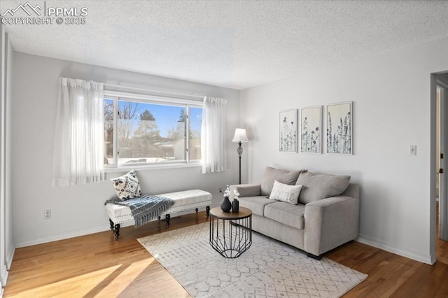 living room with hardwood / wood-style flooring and a textured ceiling