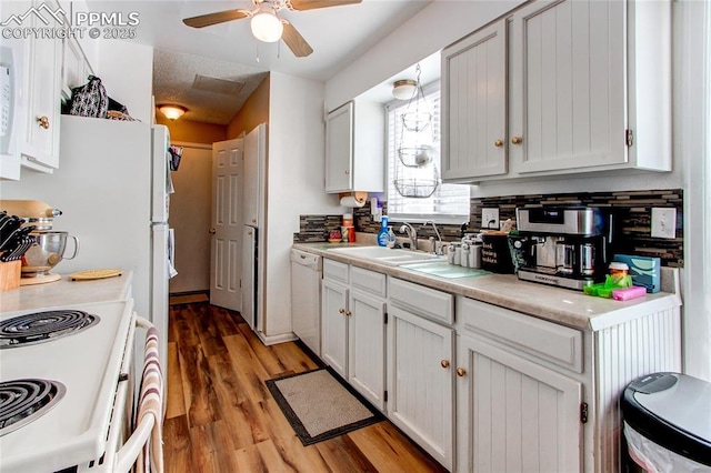 kitchen with white cabinetry, white appliances, sink, and light hardwood / wood-style flooring