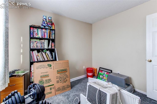 interior space featuring a textured ceiling and dark colored carpet