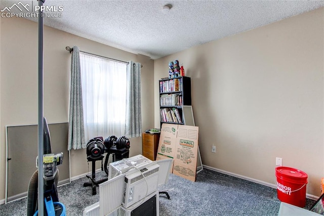 home office with a textured ceiling and carpet flooring