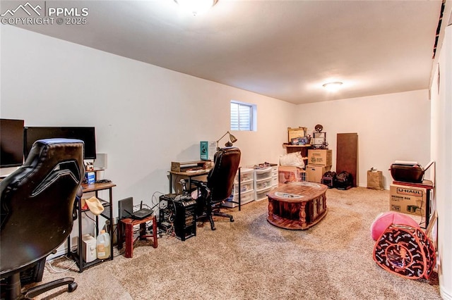 home office featuring light carpet