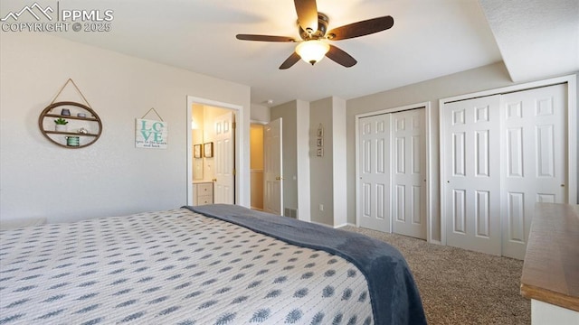 bedroom featuring ceiling fan, multiple closets, and carpet flooring