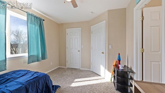 carpeted bedroom with ceiling fan