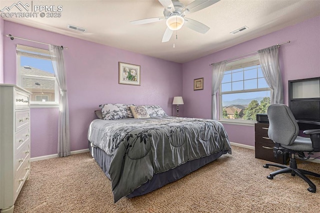 carpeted bedroom with ceiling fan and multiple windows