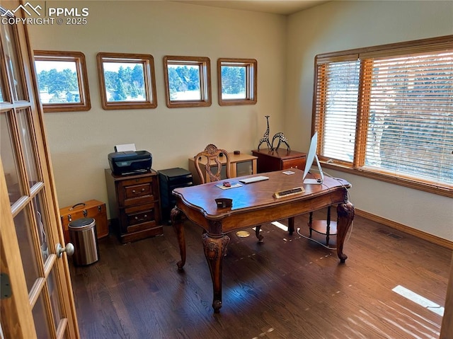 office space featuring dark wood-type flooring