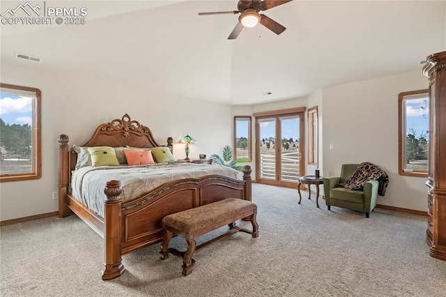 bedroom featuring ceiling fan, light colored carpet, access to exterior, and vaulted ceiling