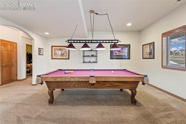 game room featuring billiards and carpet flooring