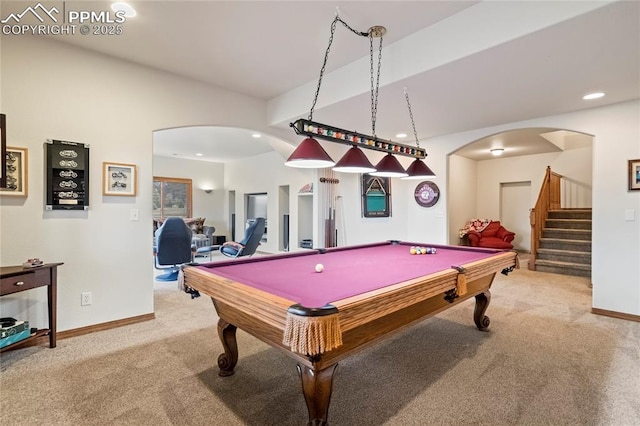 game room with pool table and carpet flooring