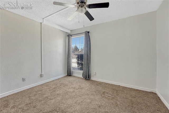 empty room featuring ceiling fan, carpet flooring, and a textured ceiling