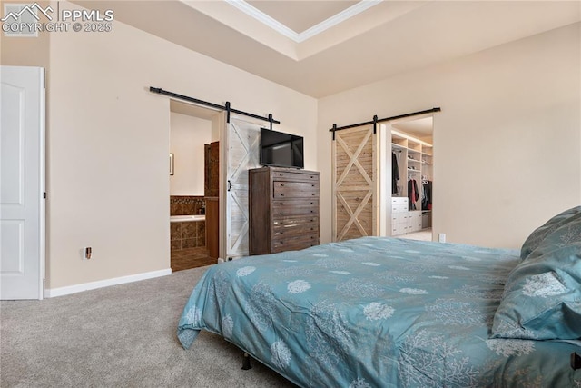 bedroom featuring a walk in closet, a tray ceiling, a barn door, and carpet floors