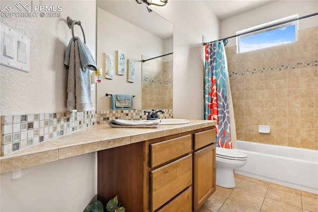 full bathroom with shower / bathtub combination with curtain, backsplash, vanity, tile patterned floors, and toilet