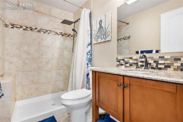 bathroom with curtained shower, decorative backsplash, vanity, toilet, and tile patterned floors