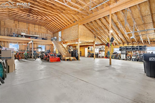 garage with a workshop area