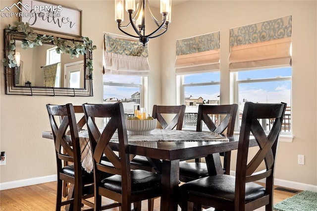 dining space with hardwood / wood-style floors and a notable chandelier