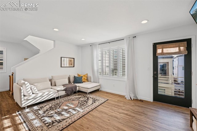 living room with a healthy amount of sunlight and wood-type flooring