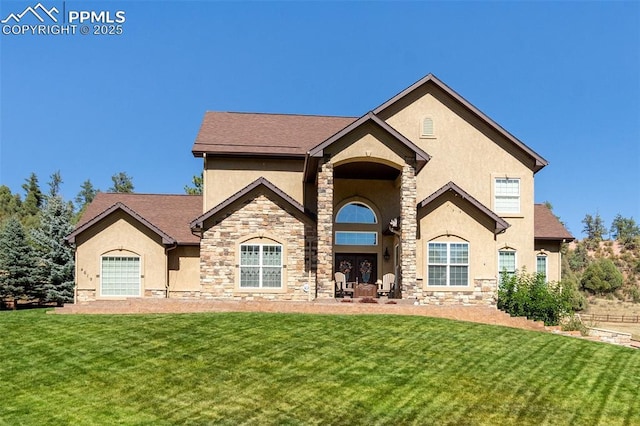 french country inspired facade featuring a front yard