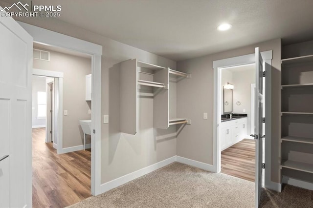 spacious closet featuring light carpet