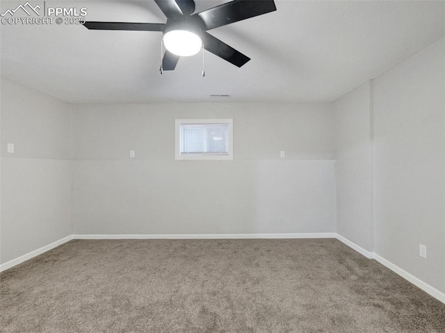 unfurnished room with carpet floors and ceiling fan