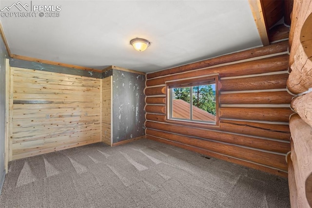 spare room with rustic walls and carpet flooring