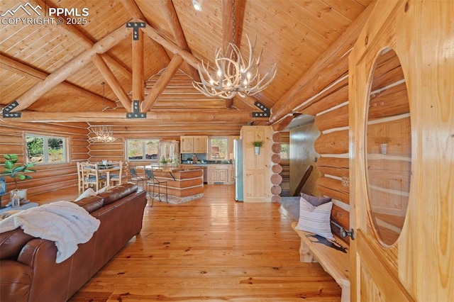 living room with a chandelier, high vaulted ceiling, light wood-type flooring, beamed ceiling, and log walls