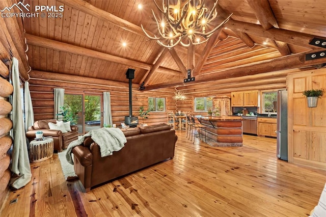 living room with a wood stove, log walls, and high vaulted ceiling