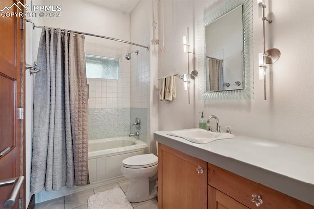 full bathroom featuring shower / bathtub combination with curtain, vanity, tile patterned flooring, and toilet