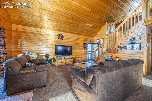 carpeted living room featuring wooden walls, high vaulted ceiling, and wooden ceiling