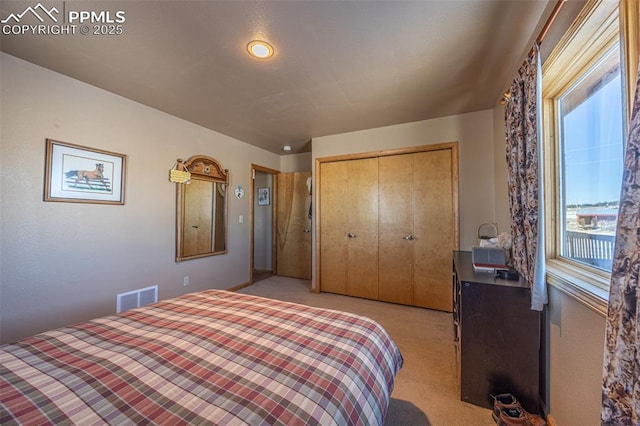 carpeted bedroom with a closet