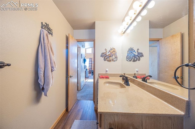 bathroom with vanity and wood-type flooring