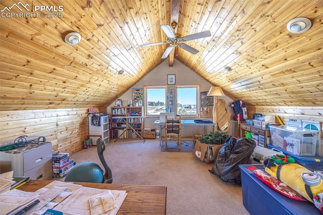 interior space featuring wood ceiling, ceiling fan, wooden walls, carpet floors, and lofted ceiling with beams