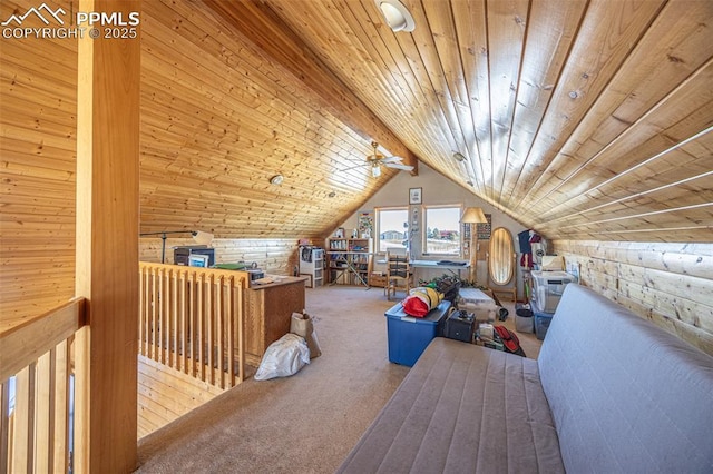 bonus room featuring vaulted ceiling with beams, carpet flooring, and wooden ceiling