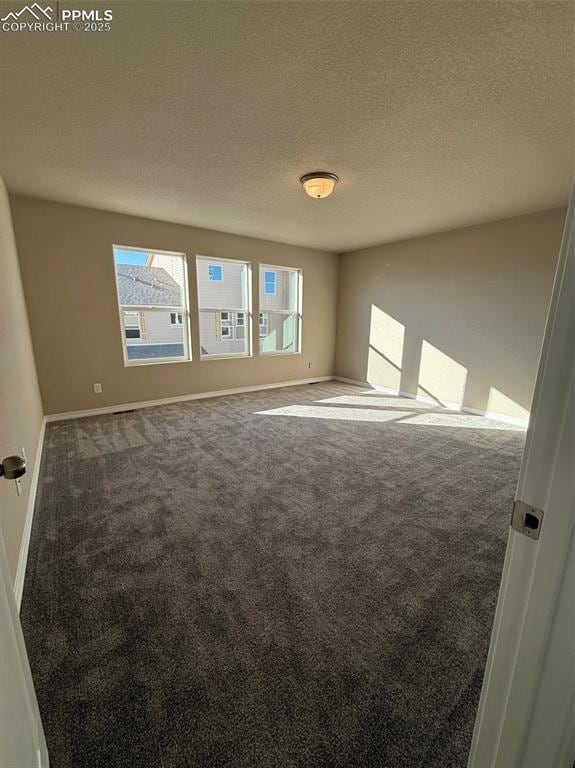 empty room with carpet and a textured ceiling