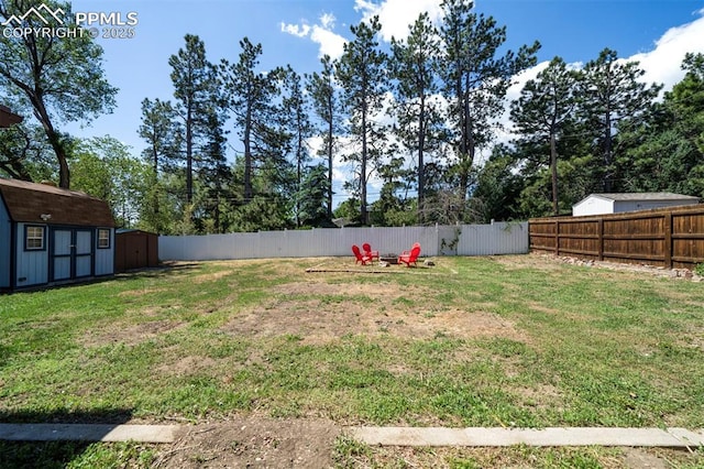 view of yard featuring a storage shed