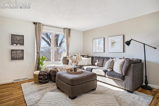 living room with wood-type flooring and a textured ceiling