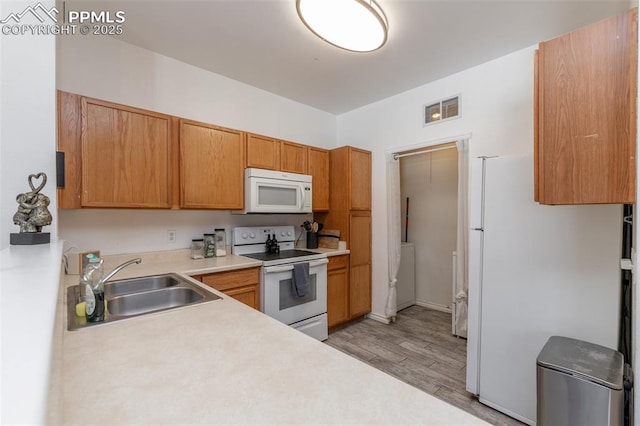 kitchen featuring sink, white appliances, and light hardwood / wood-style flooring