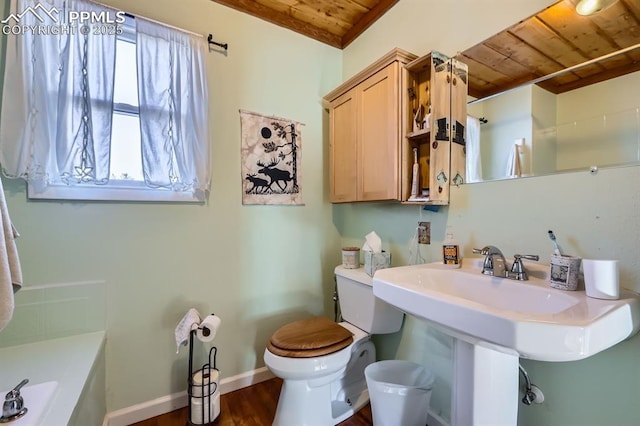 bathroom with hardwood / wood-style flooring, independent shower and bath, wood ceiling, and toilet