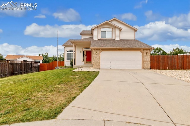 front facade featuring a garage and a front lawn