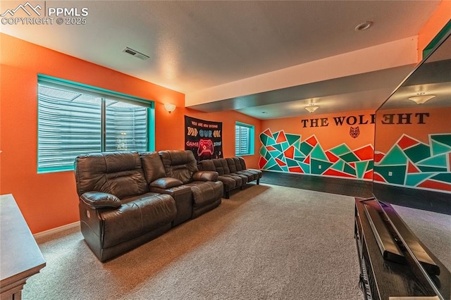 cinema room with carpet floors and plenty of natural light