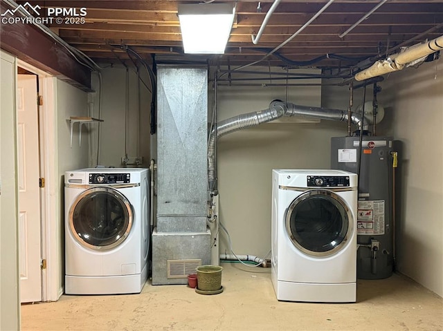 washroom with independent washer and dryer and water heater