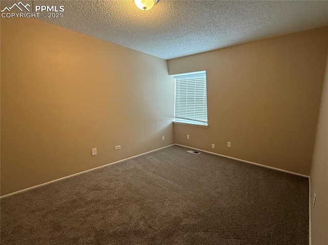 unfurnished room with carpet and a textured ceiling