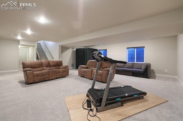 exercise area featuring carpet flooring