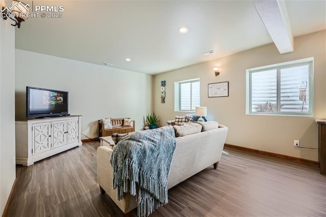 living room featuring hardwood / wood-style floors and beam ceiling