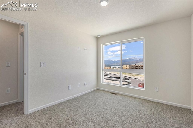 empty room with a mountain view and carpet flooring