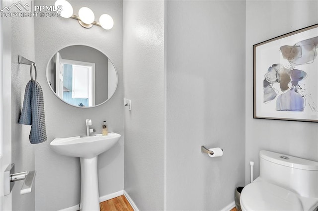 bathroom with hardwood / wood-style flooring and toilet