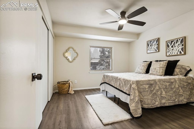 bedroom featuring dark wood-type flooring, ceiling fan, and a closet