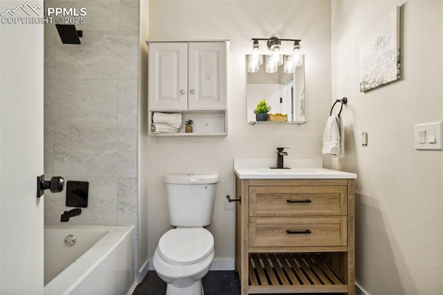 full bathroom with tiled shower / bath combo, vanity, and toilet