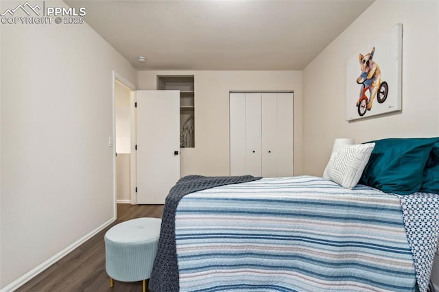 bedroom featuring dark wood-type flooring and a closet