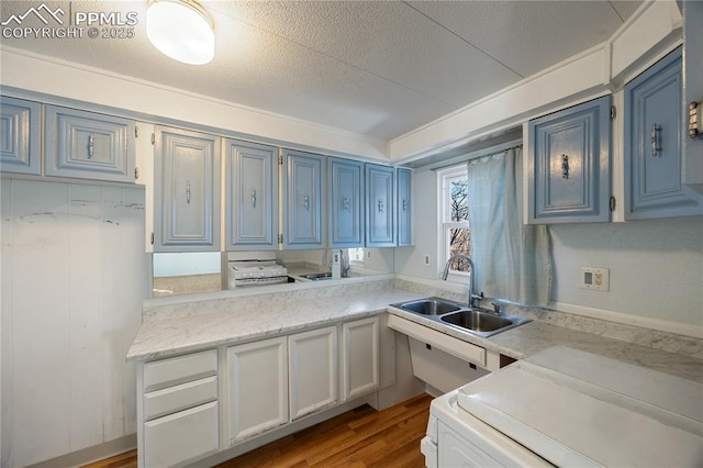 kitchen featuring sink, stove, hardwood / wood-style floors, a textured ceiling, and blue cabinets